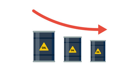 The illustration shows three oil barrels decreasing in size with a red arrow pointing down, symbolizing falling oil prices or reduced oil production.