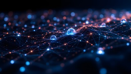 A network of glowing interconnected nodes spreads across a dark backdrop, resembling a complex neural network. Light pulses rhythmically along the connections, suggesting the flow of information