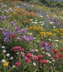 Close-up view of diverse wildflowers in full bloom,  detail,  colorful