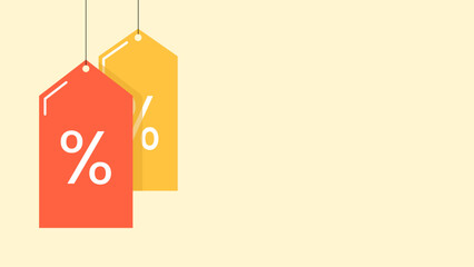 Illustration of red and blue hanging price tags with a percentage symbol on one of the tags, representing a discount or sale offer.