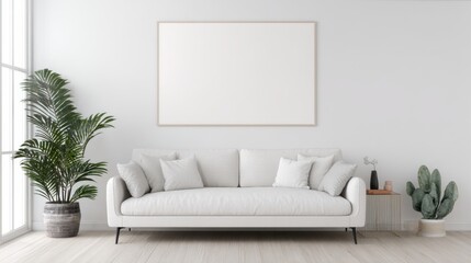 Interior design showcases minimalist living room with sofa, plants, and picture frame against a white wall