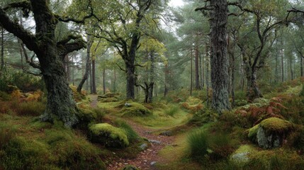 Obraz premium Serene Forest Path Lined with Lush Greenery and Moss in a Misty Environment for Nature Enthusiasts and Landscapers