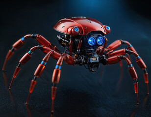 Fototapeta premium A metallic spider-like robot with glowing blue eyes stands on a dark reflective surface menacingly.