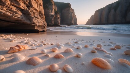 Seashells on Sandy Beach with Ocean Waves and Coastal Cliffs
