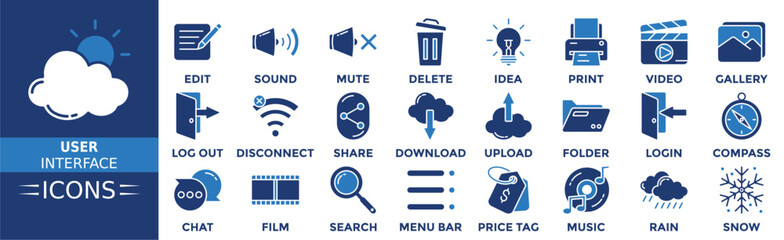 User interface icon set. Containing edit, sound, mute, delete, idea, print, video, gallery and more. Solid vector icons collection