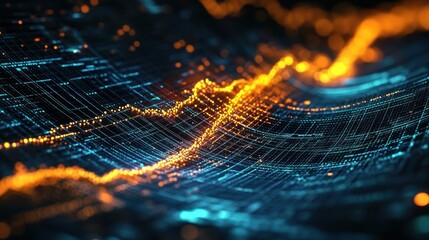Close-up view of a digital data grid with glowing orange and blue network lines and particles creating a dynamic flowing pattern