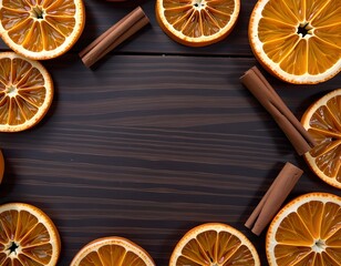 the image depicts dried orange slices and cinnamon sticks arranged on a dark, wood grain surface