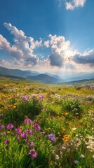 Fototapeta premium Meadow blooms with sunlight across the mountain valley landscape