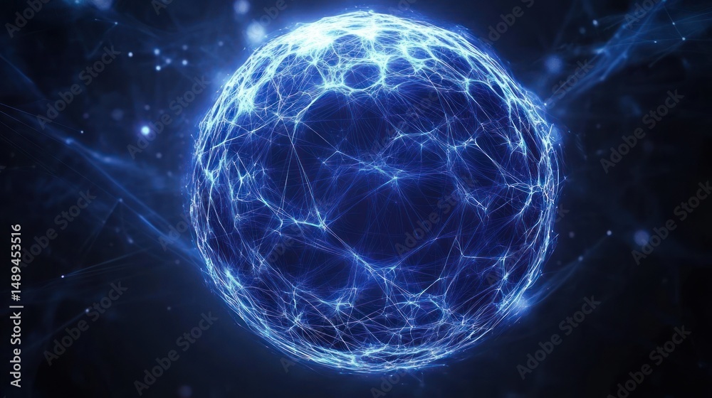 Poster glowing blue spherical network of interconnected lines and nodes floating in dark space, representin