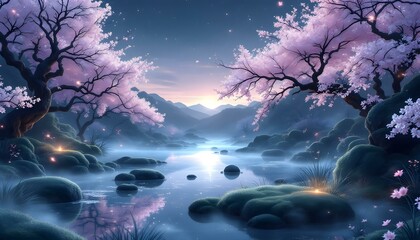 Fototapeta premium A serene zen garden at dawn with mist and cherry blossoms, minimalist and peaceful .