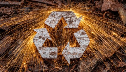 Recycling symbol amidst metal scraps, sparks erupting