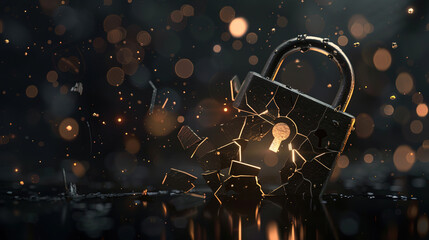 Glowing digital padlock with cracked screen symbolizing cybersecurity vulnerability and data breach risk, concept of online safety and digital protection.