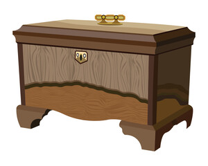 Vintage wooden treasure chest with lock and ornate legs isolated on white background illustration