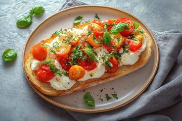 Fresh open-faced sandwich with creamy mozzarella, cherry tomatoes, and basil on toasted bread served on a plate with herbs scattered around, evoking fresh and healthy vibes