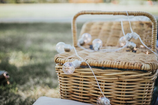 Woven Rattan picnic basket with fairy lights