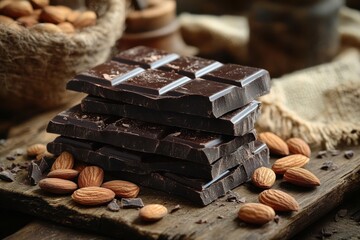 Stack of dark chocolate bars surrounded by scattered whole almonds on a rustic wooden surface with a warm, cozy ambiance