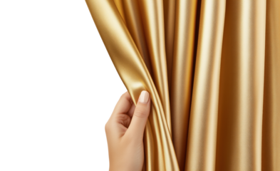 Hand pulling aside a gold curtain, isolated on a transparent background