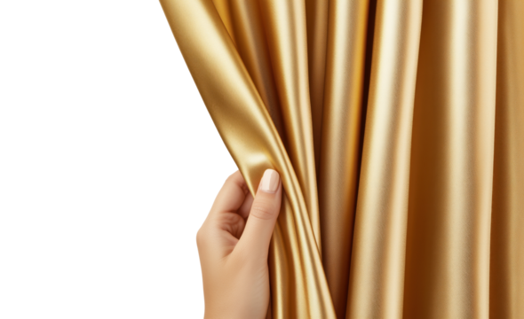 Hand pulling aside a gold curtain, isolated on a transparent background