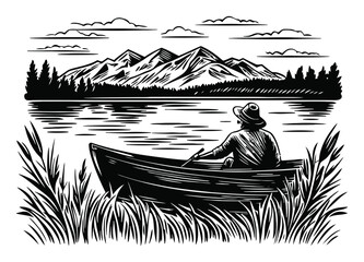 Fisherman in a Canoe by the Lake Engraving in Black and White Style