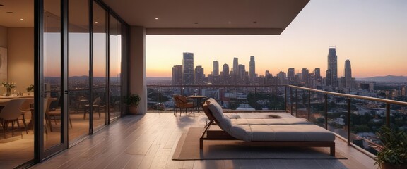 Sleek condo with expansive balcony, bathed in warm evening light  High-rise cityscape view ,  evening,  cityscape,  home