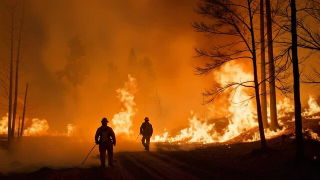 Firefighters using backburning technique during wildfire at night  