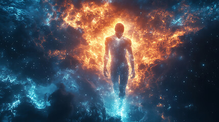 Bright burst of energy radiating from within human silhouette representing inner vitality 