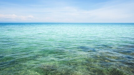 Obraz premium Calm Turquoise Ocean Water with Gentle Waves and Clear Sky, Serene Coastal Landscape Ideal for Relaxation and Peaceful Moments in Nature