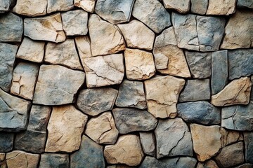 Obraz premium Close-up view of a textured wall made of irregularly shaped beige and gray stones fitting together tightly