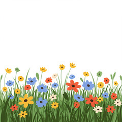 Colorful hand-drawn flowers blooming along the bottom edge on a clean white background, creating a cheerful and decorative floral border in a minimal flat style