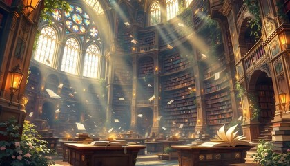 A magical library with endless shelves and floating books, warm golden lighting, fantasy vibe  .