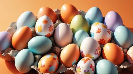 A Collection of Pastel and Decorated Eggs in a Cardboard Holder