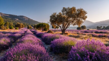 Tranquil Lavender Fields Under a Blue Sky with Gentle Hills in the Background at Sunrise