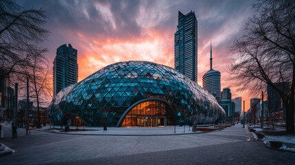 Fototapeta premium Modern architectural marvel with glass facade reflecting sunset over city skyline near urban park environment