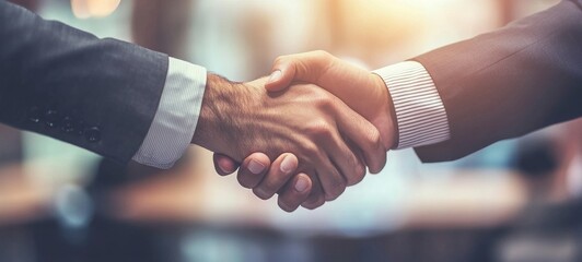 Close-up of two individuals shaking hands demonstrating agreement, partnership, teamwork, and mutual understanding, set in a professional business-like environment.