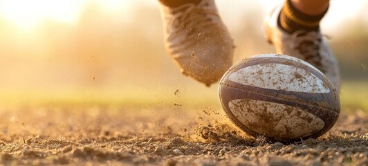 A dirt-covered rugby ball with dark blue stripes is kicked by a player's white and gray boot in a low-angle close-up. Dust rises as golden-hour light warms the outdoor scene.








