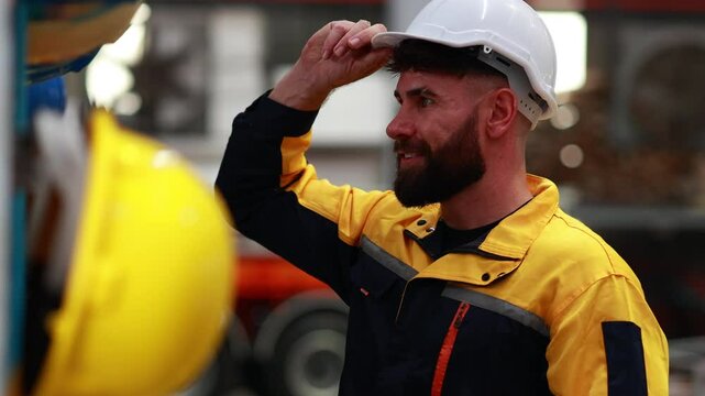 Factory workers pick up safety helmets to start work : Caucasian man Professional Mechanical Engineer Working Maintenance sheet metal roof tile roll forming machine at industrial manufacturing factory