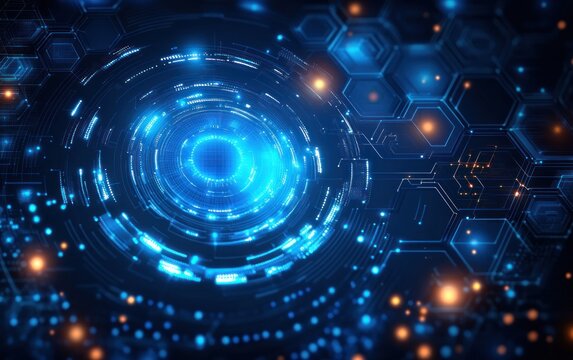 Glowing blue digital circular interface surrounded by hexagonal grid and orange light nodes representing futuristic technology and data visualization