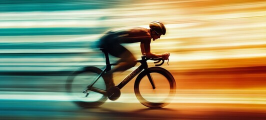 Caucasian male cyclist races through a city at night on a black fixed-gear bike. Vibrant light trails and motion blur create a fast, cinematic action shot.