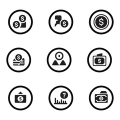 A collection of nine circular icons depicting various financial concepts, including growth charts, coins, envelopes, people, and question marks.