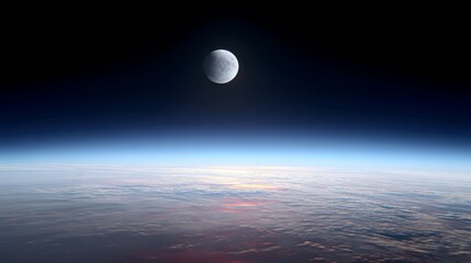 Obraz premium Breathtaking View of Earth from Space with Moon Overhead Against a Darkening Sky and Striking Atmospheric Colors