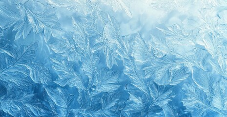 Obraz premium Close-up of intricate ice crystals resembling fern leaves on a frosted glass surface with a cool blue tone evoking calmness and winter chill
