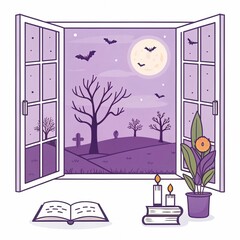Surreal flat vector halloween illustration with magical landscape seen through open window into another reality
