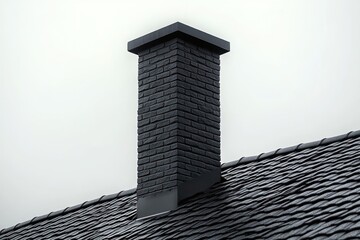 Obraz premium Dark brick chimney standing tall on a textured roof with dark shingles under an overcast sky
