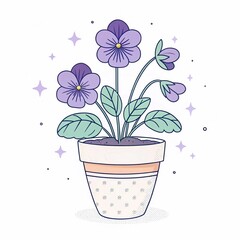 Vector illustration of a single blooming purple violet growing in a simple flower pot, placed on a clean white background
