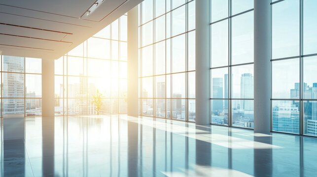 A modern business office with an open layout, employees collaborating on projects, and natural light coming in through large windows