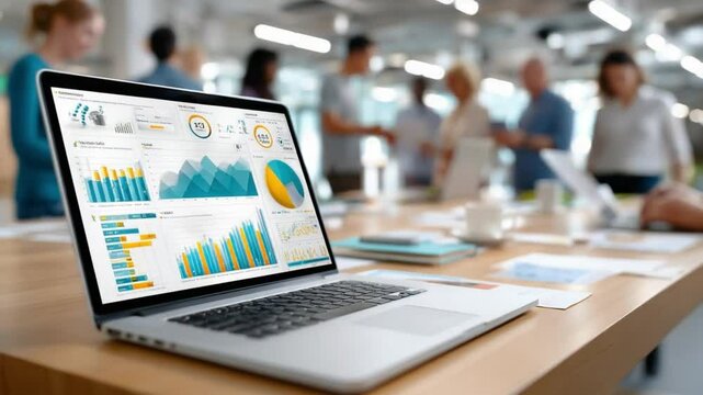 Data Driven: A modern laptop displays an array of dynamic charts and graphs, symbolizing the power of data analysis in a bustling business environment, showcasing decision-making process. - Powered by Adobe
