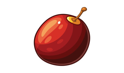 Single Red Plum Cartoon Illustration With Stem and Glossy Highlight on a White Background