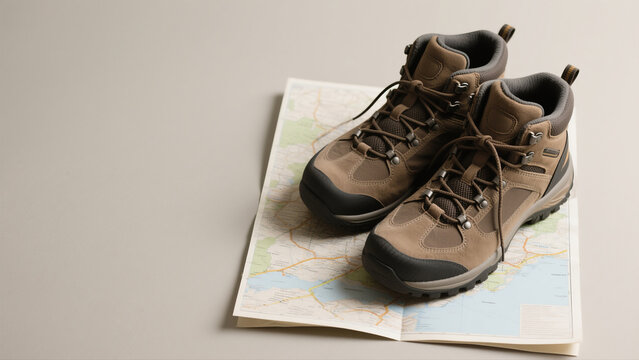 Top‑view of hiking boots and generic map spread on plain surface
