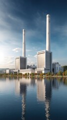 Power plant reflection on water shows energy industry landscape