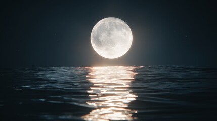 Fototapeta premium Serene Night Moonlight Over Calm Ocean Waves Reflected on Water Surface Under Starry Sky